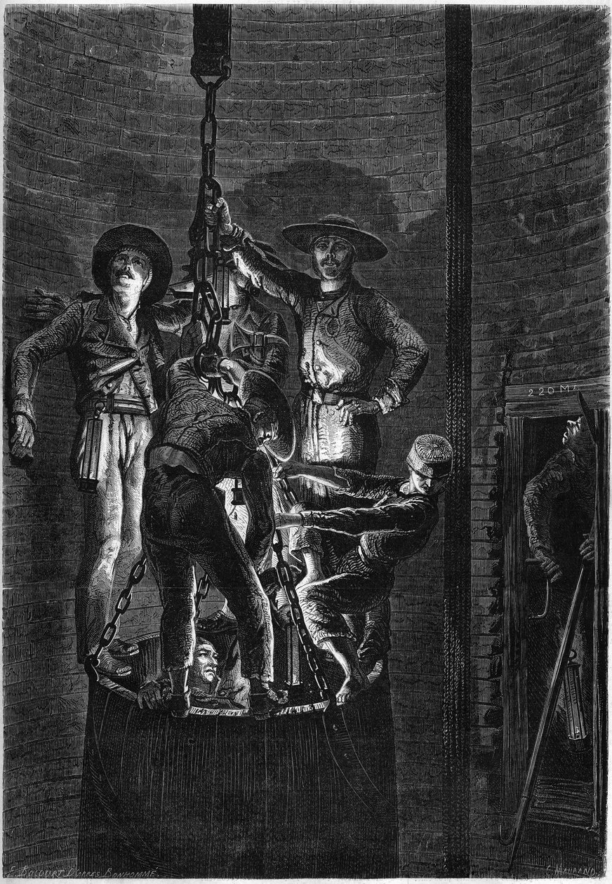 Bir kömür madeninin kuyusunun iç görünümü: çöp bidonuna çıkış. 1861. “Le Monde Illustré” n°238, 2 Kasım tarihli gravür by French School