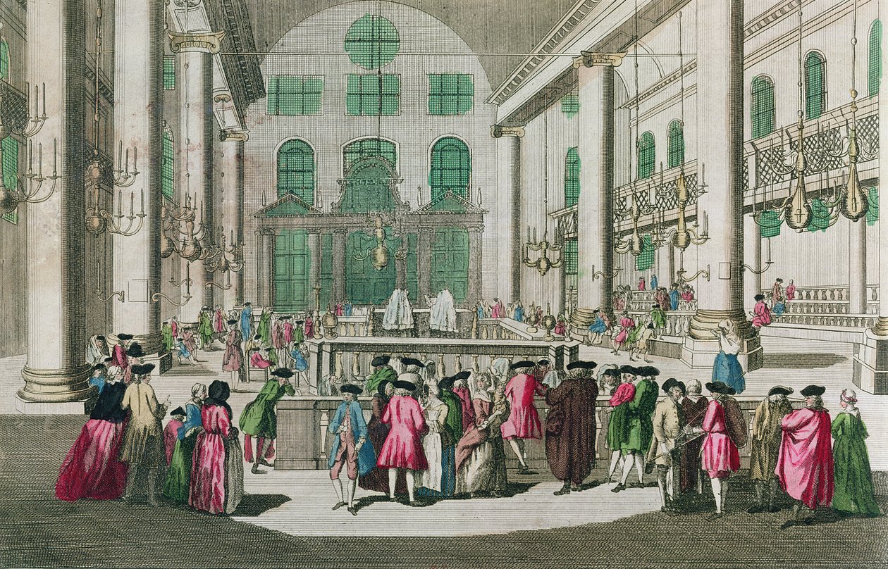 Purim Festivali sırasında bir sinagogun içi by French School