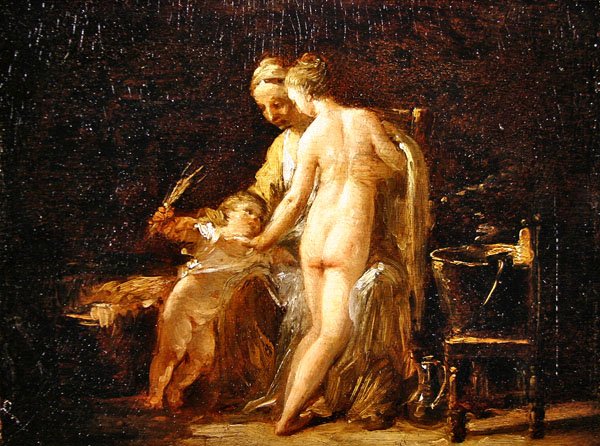 Banyosunda Bir Kadınla İç Mekan, c.1800 (panelde yağlı boya( by French School