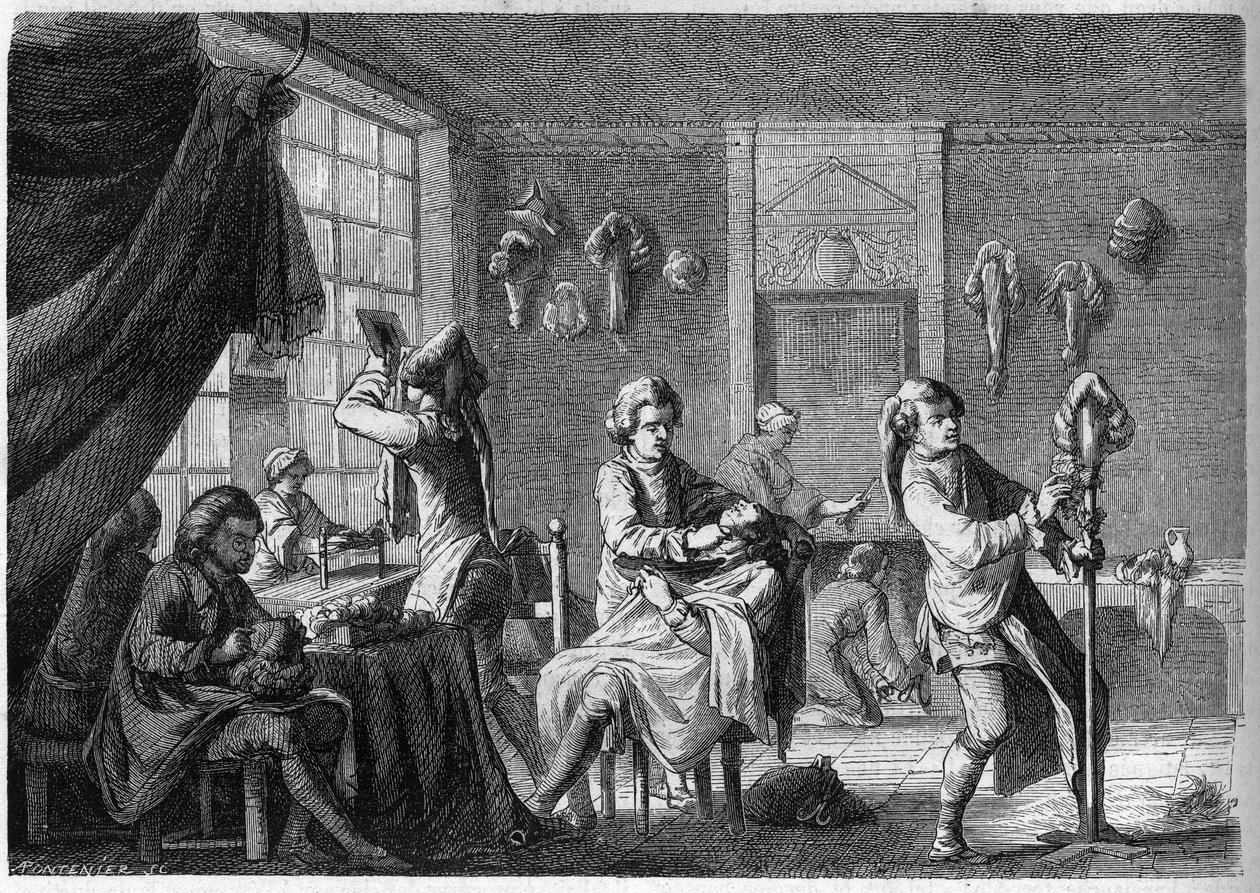 Louis XV (18. yüzyıl) döneminde bir Fransız peruk dükkanının iç görünümü. Dargent tarafından gravür by French School