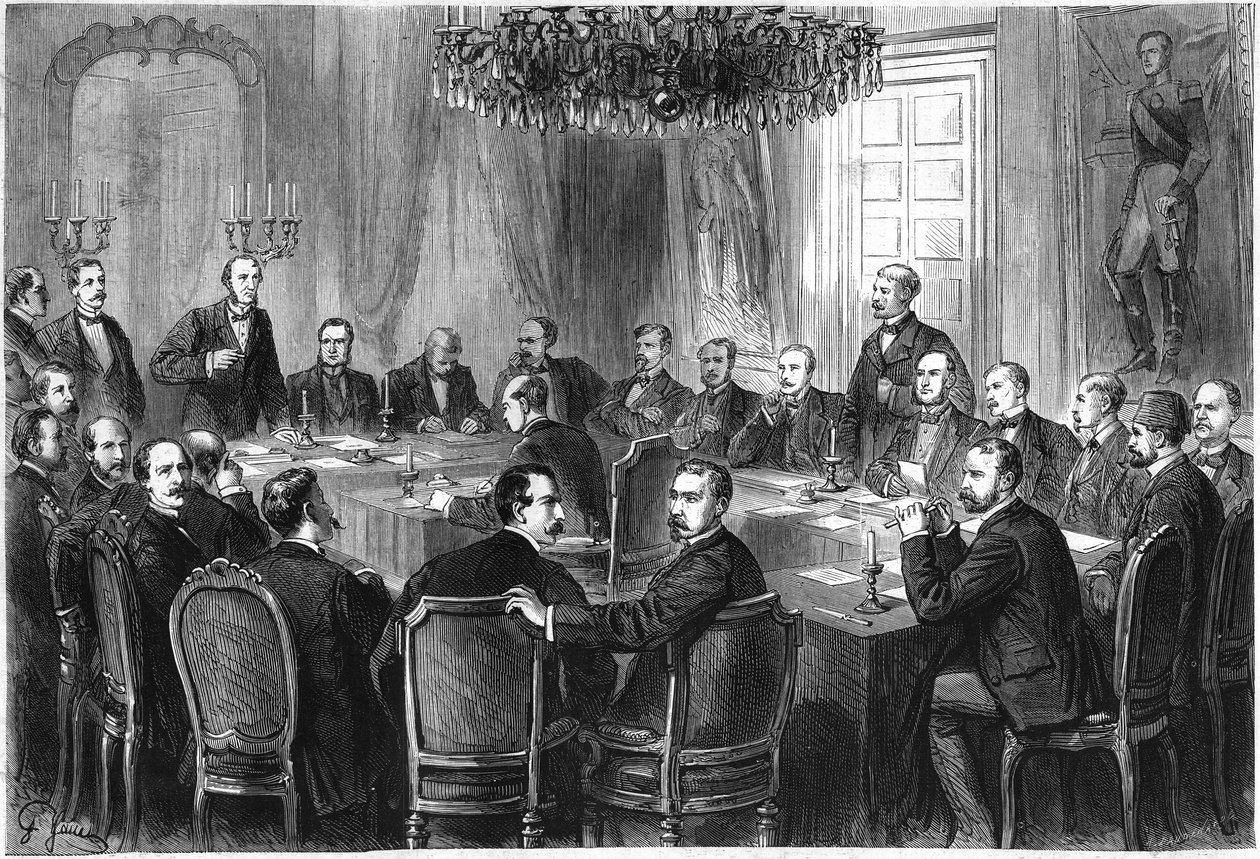 Uluslararası Savaş Kongresi, Brüksel, Temmuz-Ağustos 1874: 15 Avrupa ülkesinden delegeler, Savaş Kanunları ve Gümrüklerine ilişkin Uluslararası Bildirge taslağını tartışmak için bir araya geliyor. Gravür “” Le Monde Illustré” n°908, 5 Eylül by French School