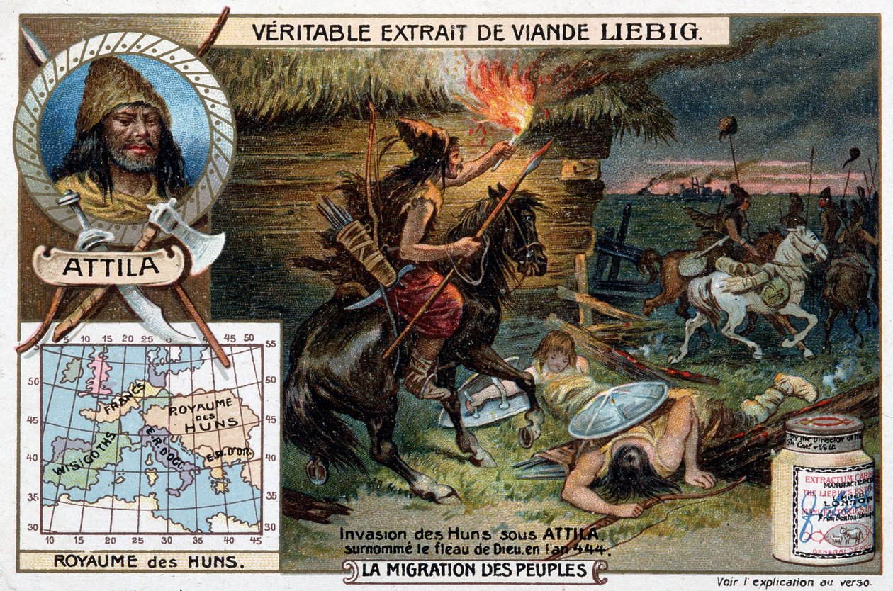 444'te Tanrı'nın belası lakaplı Attila yönetimindeki Hunların işgali - Liébig reklam skeçi by French School