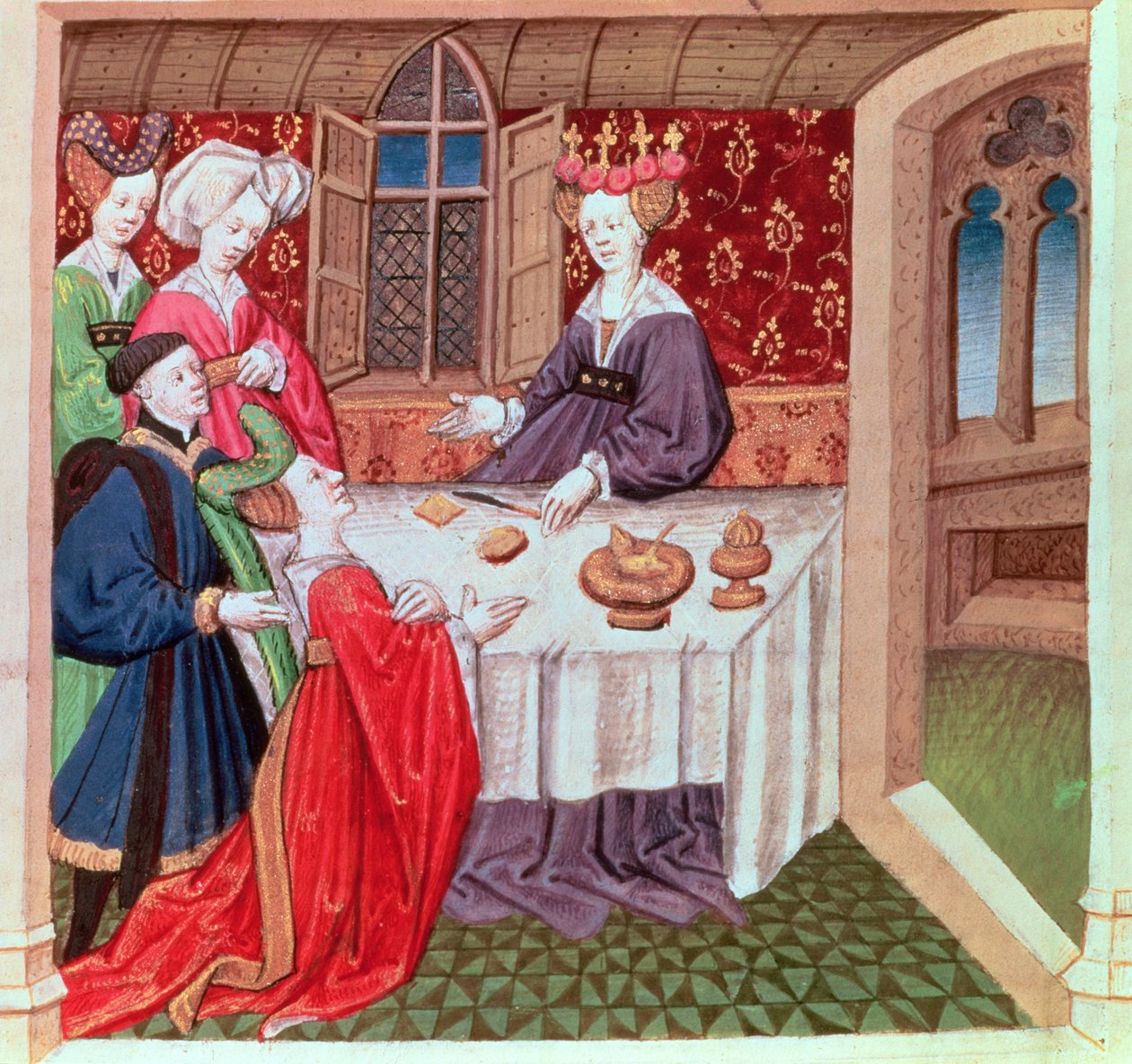 Isolde koruma için Kraliçe Guinevere'ye yalvarıyor, Roman du Chevalier Tristan by French School
