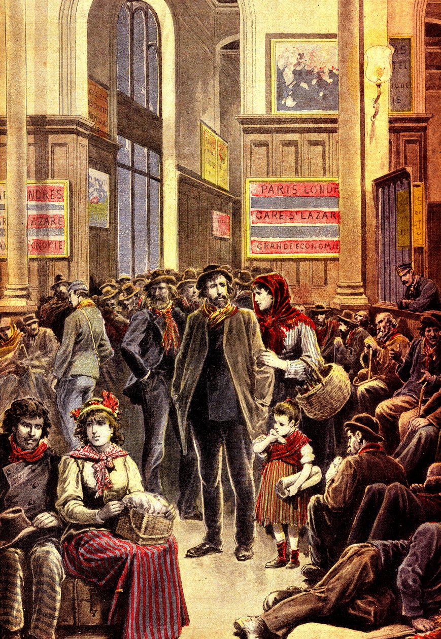 Mart 1896'da Gare Saint Lazare tren istasyonunda Paris'teki İtalyan göçmenler (gravür) by French School