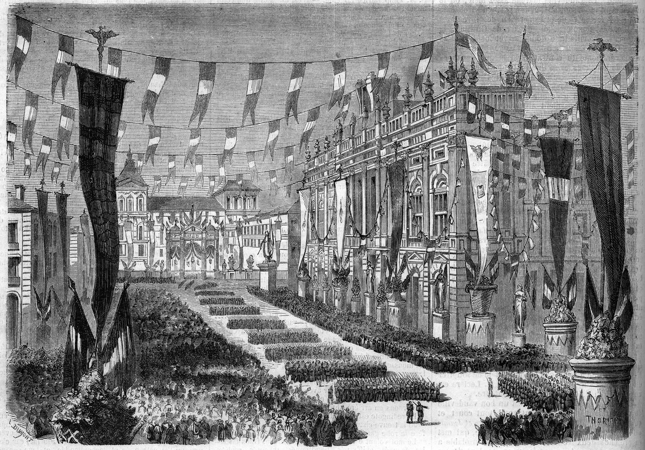 İtalyan birleşmesi, Torino, 2 Nisan 1860: İtalyan parlamentosunun açılışı vesilesiyle kale meydanının (Piazza Castello) dekorasyonu. 14 Nisan 1860 tarihli “” Le Monde Illustré”” n°157