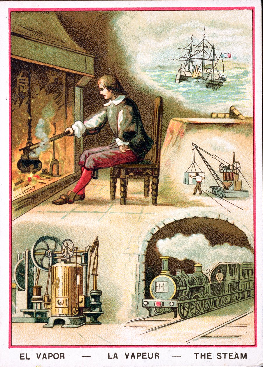 James Watt (1736-1819) ve buharın çeşitli kullanımları by French School