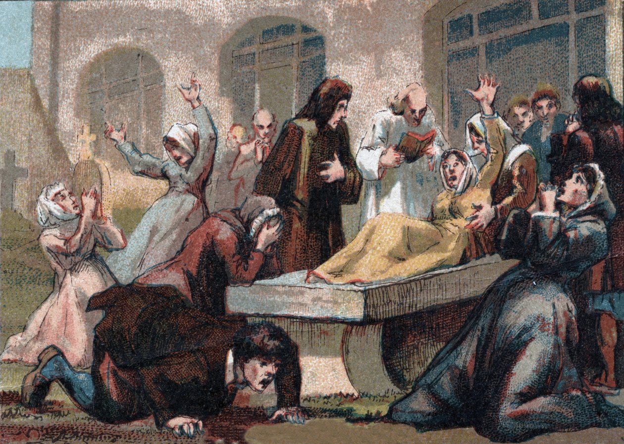 Jansenizm: Louis XV yönetimindeki Saint Medard (Saint Medard) mezarlığının sarsıcıları (Jansenist fanatikleri). 1890 civarında kromolitografi. by French School