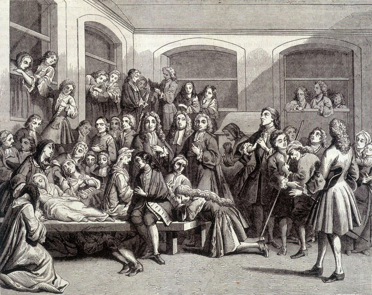 Jansenism: Saint-Médard mezarlığının, “mucizelerin” gerçekleştiği diyakoz Paris (1690 - 1727) mezarı üzerindeki kasılmaları. 18. yüzyıl baskısı. by French School