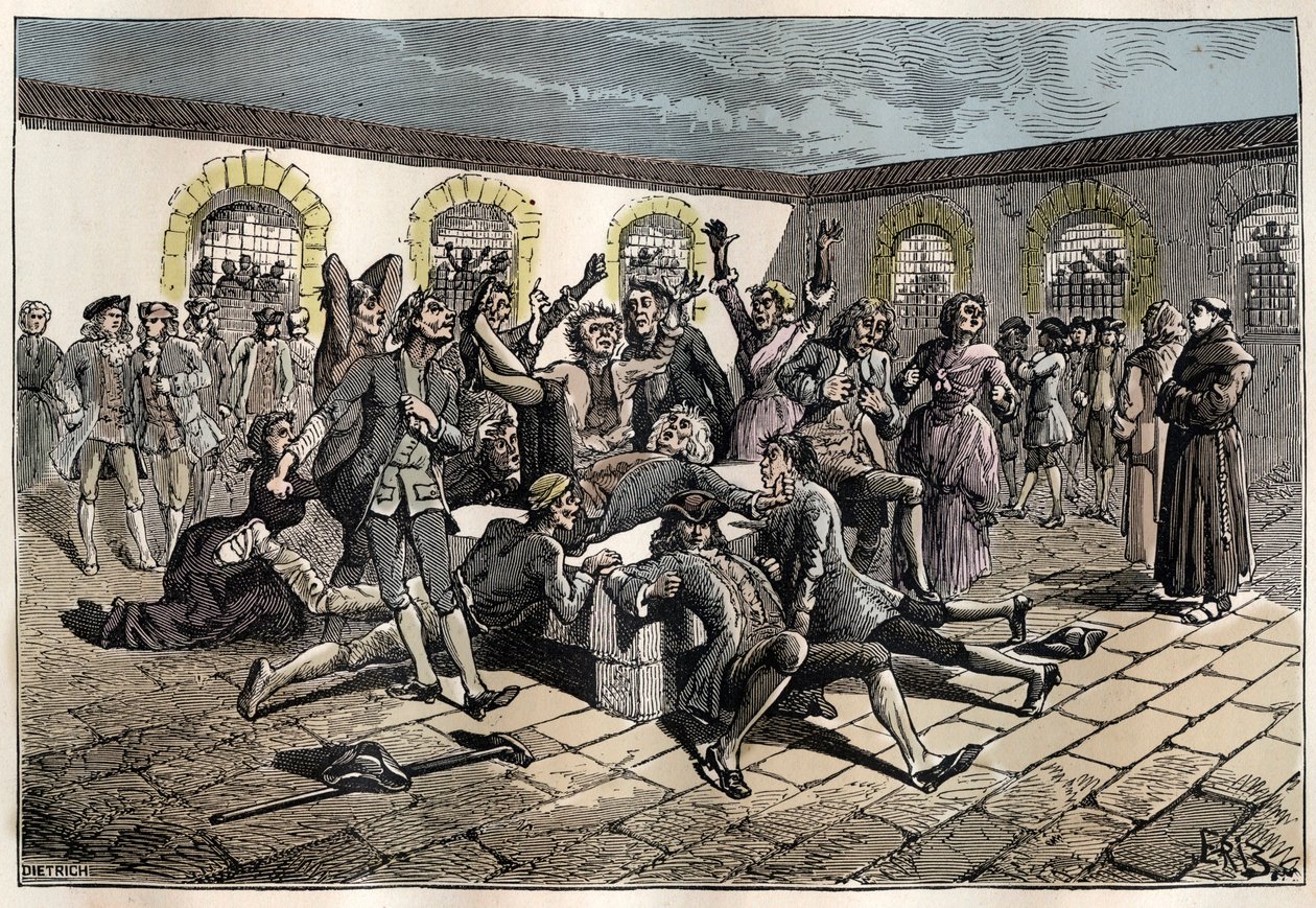 18. yüzyılda Jansenist konvülsiyoner (veya Saint Medard) (Kıvrılma eserleri): “” Hasta ve sakatlar, mucizevi bir şekilde gerizekalı olmak için Saint-Medard