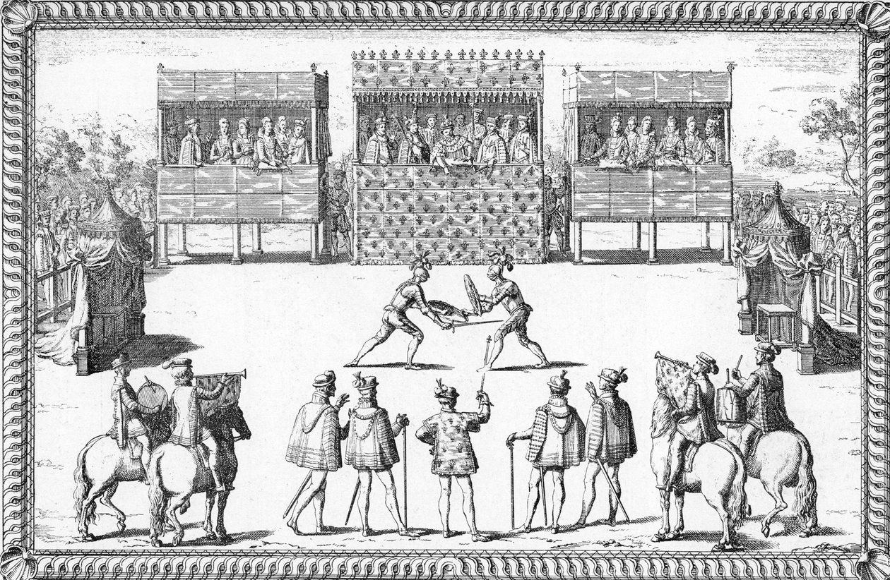 Jarnac'ın darbesi: Guy Chabot de Jarnac ve François de Vivonne de la Chataignerie'nin Saint-Germain-en-Laye'deki Mahkeme huzurunda düellosu by French School