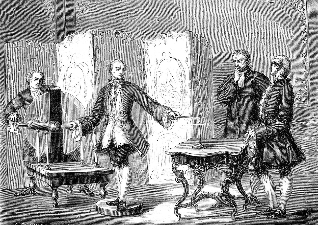 İsviçreli fizikçi Jean JALLABERT (1712-1768), keskin nesnelerdeki elektriği keşfeder (FRANKLIN'in Pointe'nin Gücü). gravür 1867 by French School