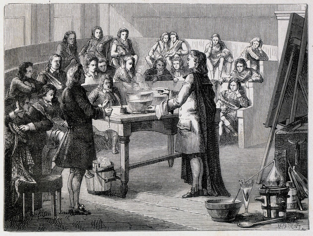 İngiliz kimyager ve fizikçi Joseph Black (1728 - 1799), Glascow Üniversitesi öğrencilerinin önünde gizli kaloriyi deneyimliyor by French School
