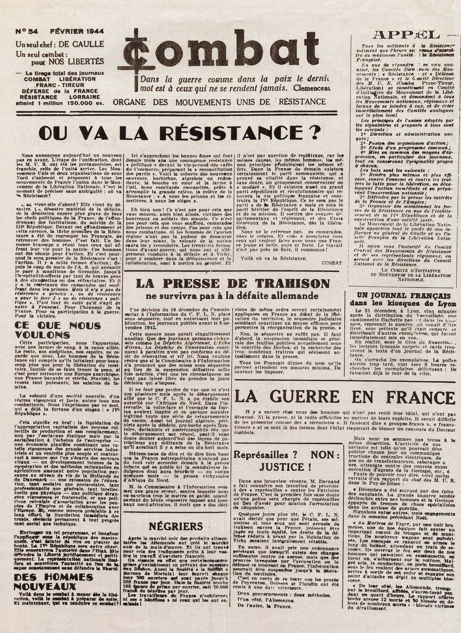 Journal COMBAT - sayı 54 - Şubat 1944 - birleşik direniş hareketlerinin organı. (gizli gazete) - Direniş nereye gidecek by French School