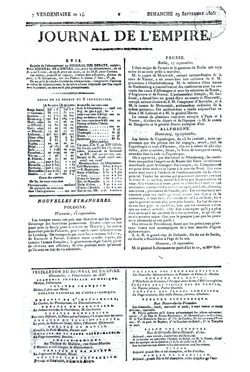 Journal de lEmpire, 29 Eylül 1805 (baskı) by French School