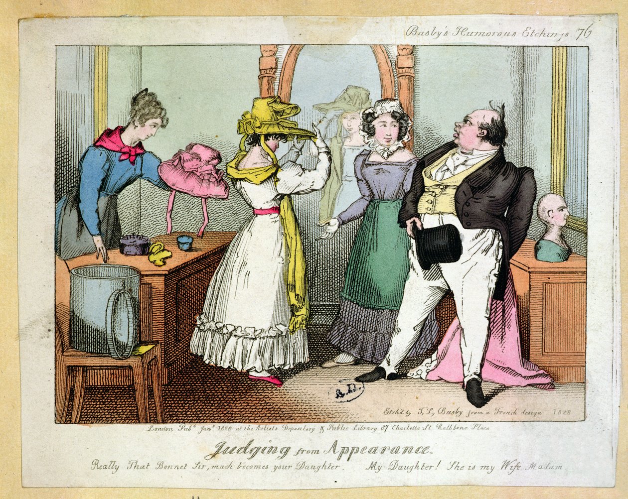 Görünüme bakılırsa, Thomas Busby (fl.1804-21) tarafından kazınmış Busbys Esprili Gravürlerin 76 sayısı 1828 by French School