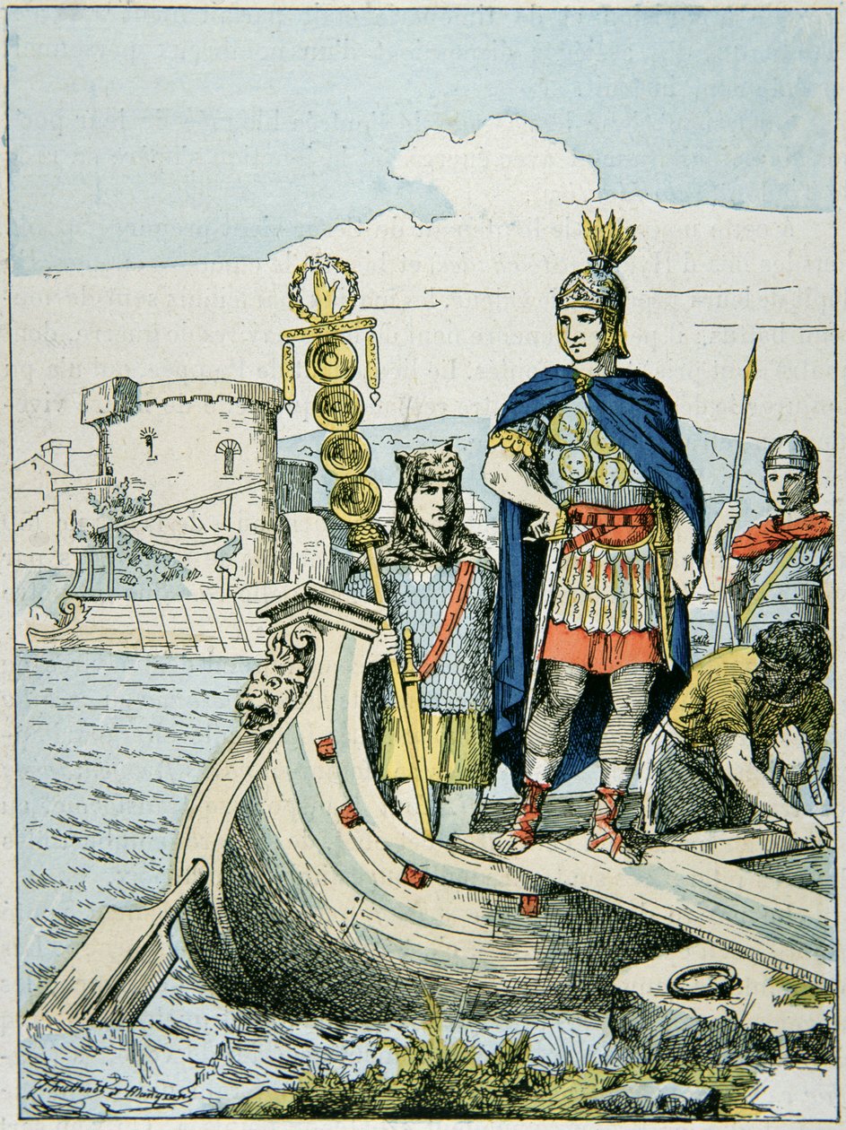 Julius Caesar, kendisini fidye için alıkoyan korsanları cezalandırmak için yola çıktı (renkli taş) by French School