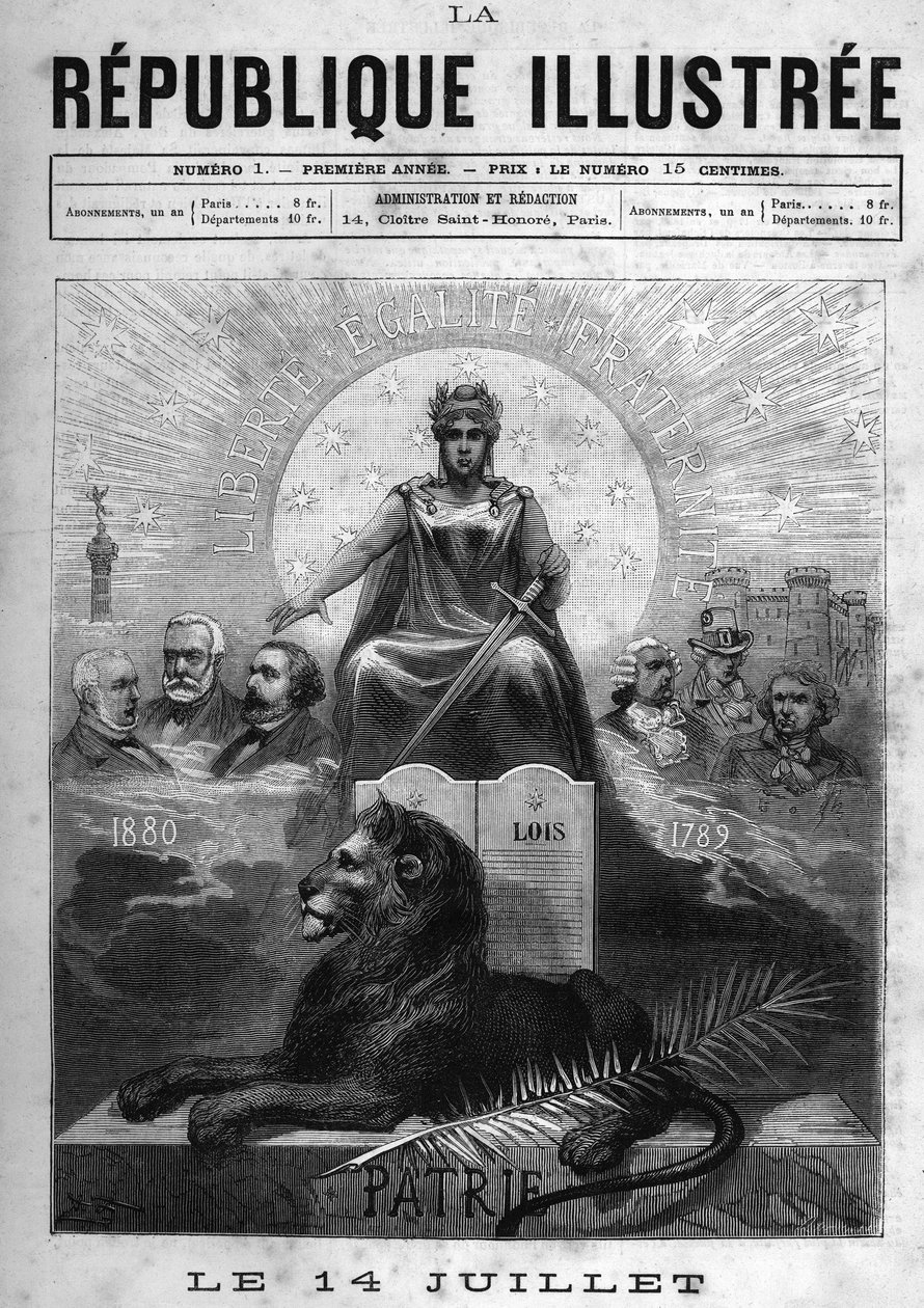 14 Temmuz: Allegorie de la Republique Française. Defne taçlı ve elinde kılıç tutan bir kadın. Ayaklarının dibinde bir aslan, bir palmiye ve kanunlar tablosu. Üstünde Cumhuriyetin mottosu “Özgürlük, Eşitlik, Kardeşlik”. Olasılıklar, entelektüel ve politik by French School