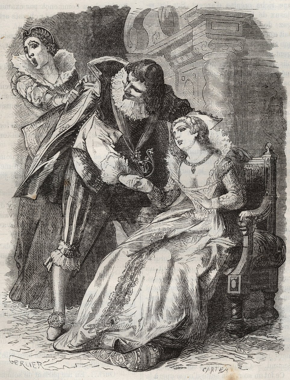 Öfkeli gibi zıplayarak, Dükü ceketinden yakalayarak... Fransa Kraliçesi Avusturya Anne (1601-1666) ve Buckingham Dükü (George Villiers) by French School