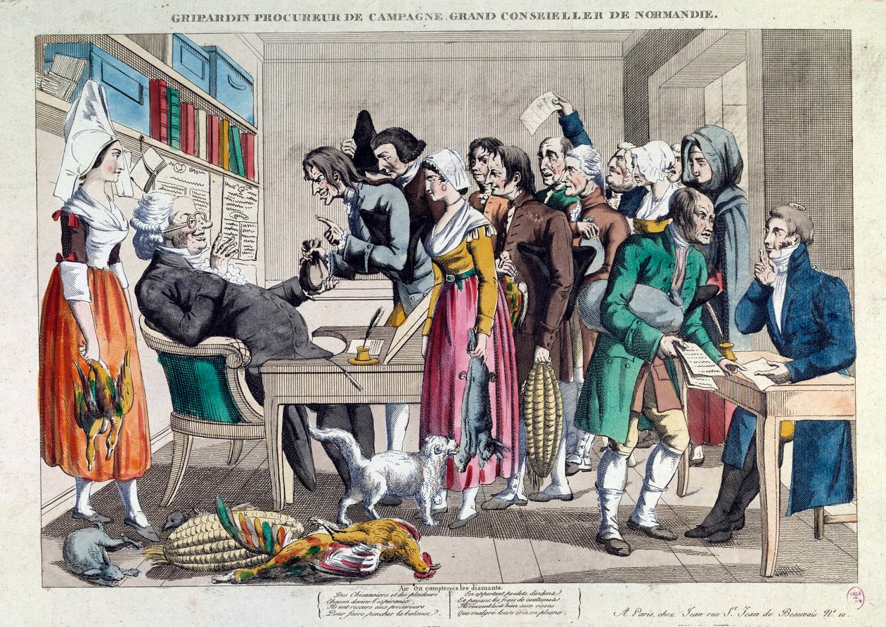 Adalet: “Gripardin, kampanya avukatı, Normandiya'nın büyük meclis üyesi” 18. yüzyılın litografisi. Paris, Musee Karnavalı by French School