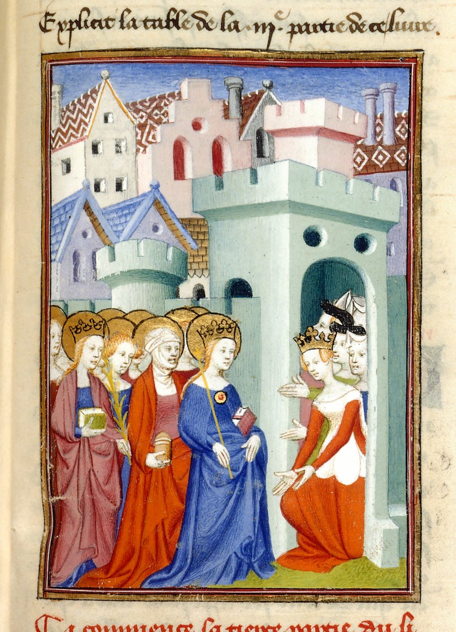 Adalet, Bakire ve Azizler, MS Harley 4431, f.361r, Fransa, c.1410-14 (parşömen üzerine renkli) by French School