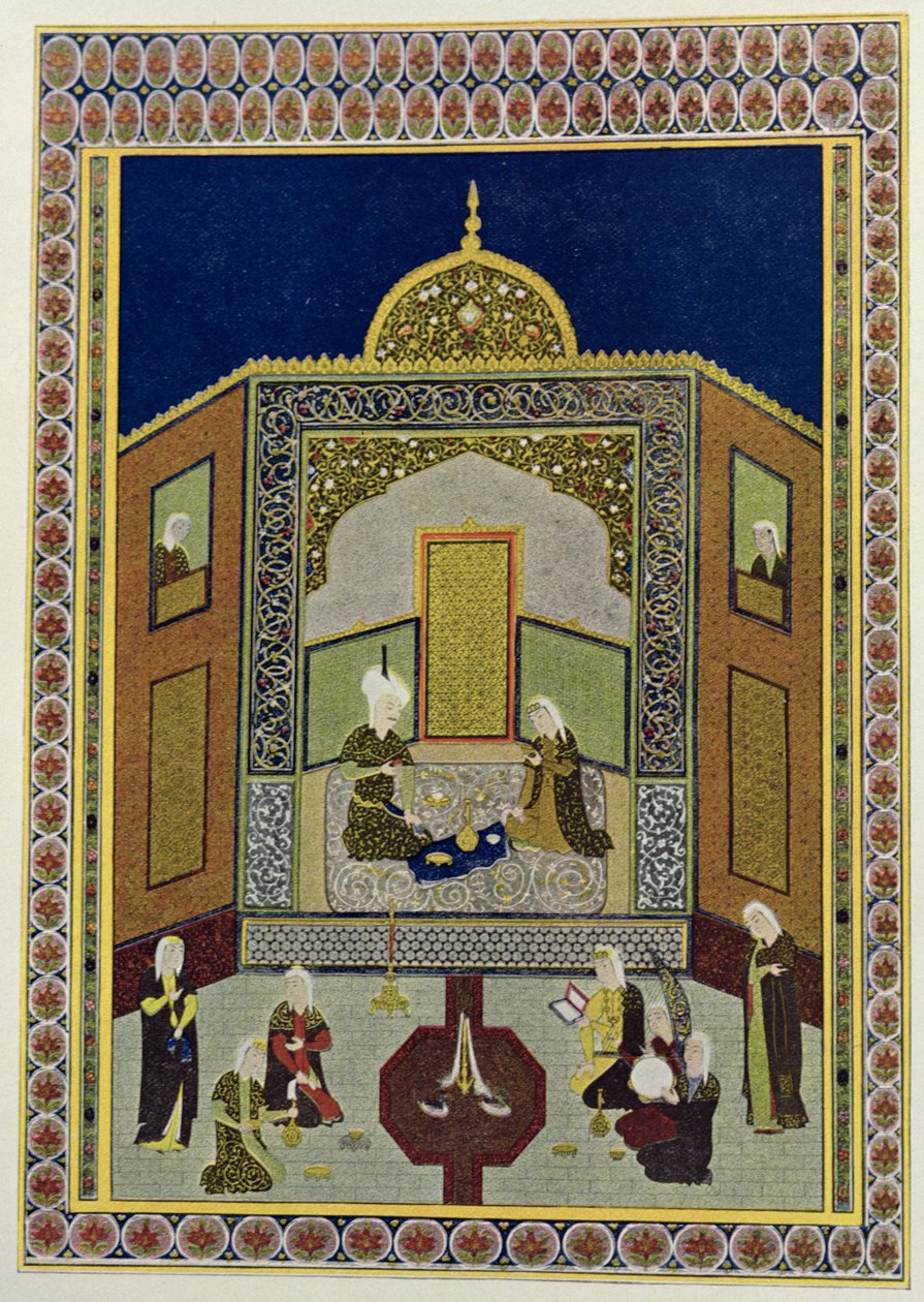 Kubbenin altında Kadi Pere-au-pet, Binbir Gece Masalları için resim, 1895 (renkli gravür) by French School