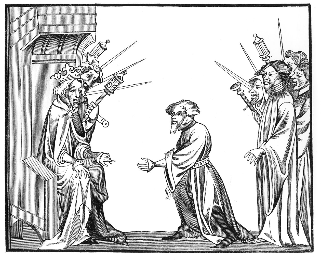 Kral Charlemagne (742-814), St. Denis Chronicles of St. Denis minyatüründeki bir minyatürden Feudatories veya High Baronlarından birinden Sadakat ve Saygı Yemini
