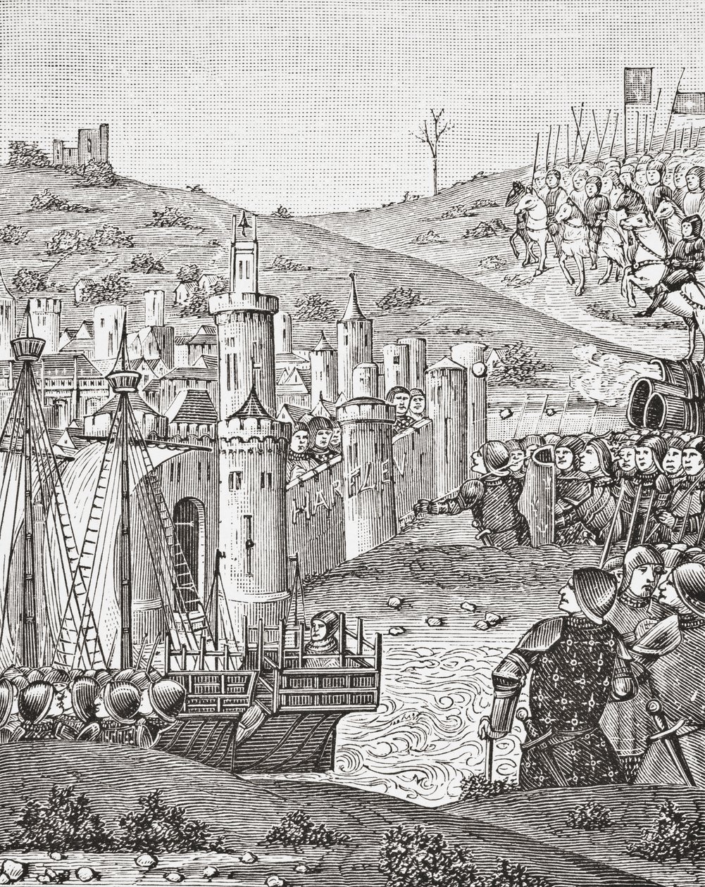 Kral Charles VII, Rouen'den ayrıldıktan sonra, Paul Lacroix pub tarafından Orta Çağ'da Bilim ve Edebiyat'tan 15. yüzyıl el yazması Chroniques de Monstrelet'ten bir minyatürün ardından Harfleur kasabasını kuşatmak için yola çıktı. Londra 187 by French School