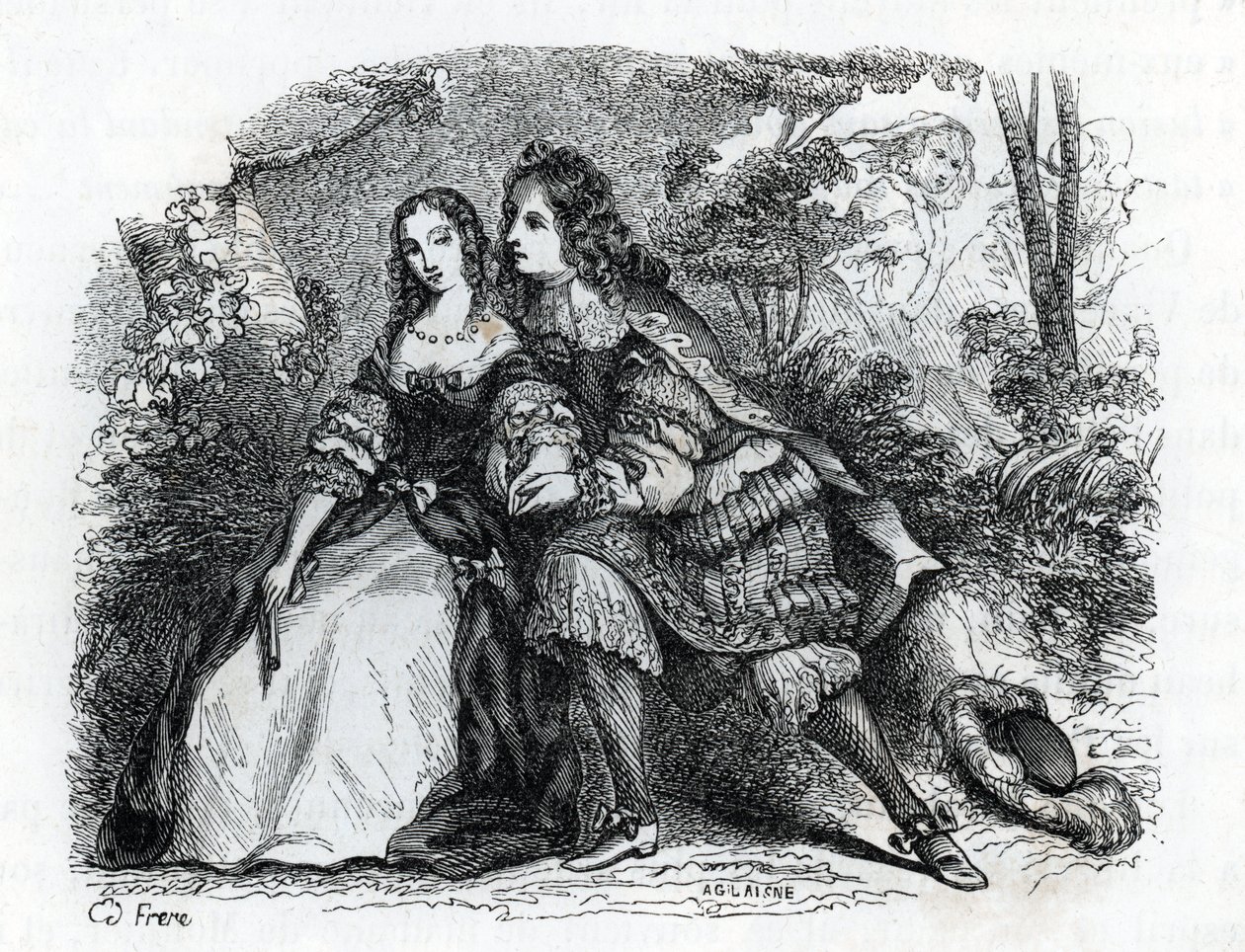 Kral Louis XIV (1638-1715) ve metresi Louise de La Valliere (1644-1710) - (gravür) 1846 by French School