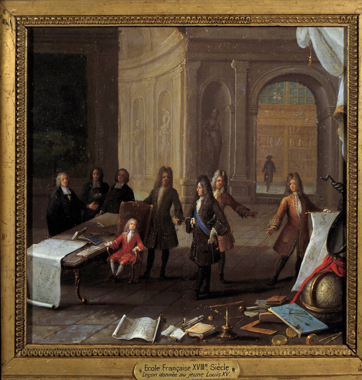 Kral Louis XV (1710-1774) Kardinal Fleury ve Regent Philip II Orleans Dükü (1674-1723) huzurunda bir lecon alan çocuk 18. yüzyılın anonim tablosu, bakır üzerine yağlı boya Dim. 0,23 x 0,23 m Paris, Musee Carnavalet - Öğretimin chi sahnesi by French School