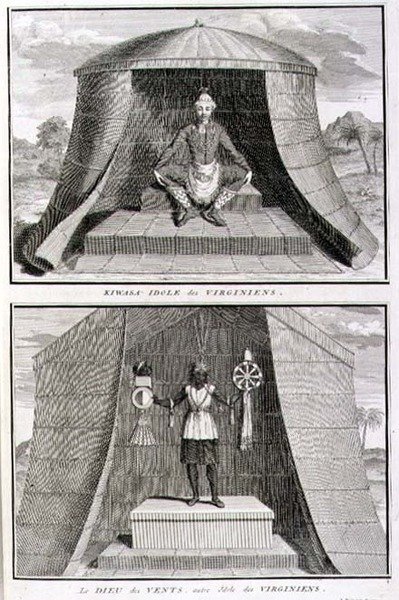 Kiwasa ve Rüzgarlar Tanrısı, Virginialıların putları, Bernard Picart (1673-1733) 1721 (gravür) tarafından oyulmuş 