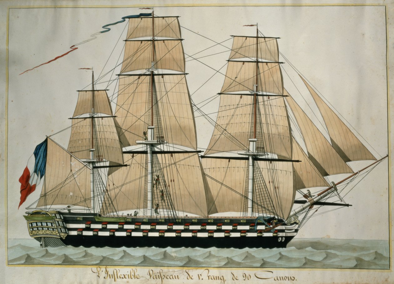 LInflexible Vaisseau de v. Rang de 90 Canons (The 90 Gun Ship of the Line) c.1835 (kağıt üzerinde kalem ve mürekkeple tuvalet) by French School