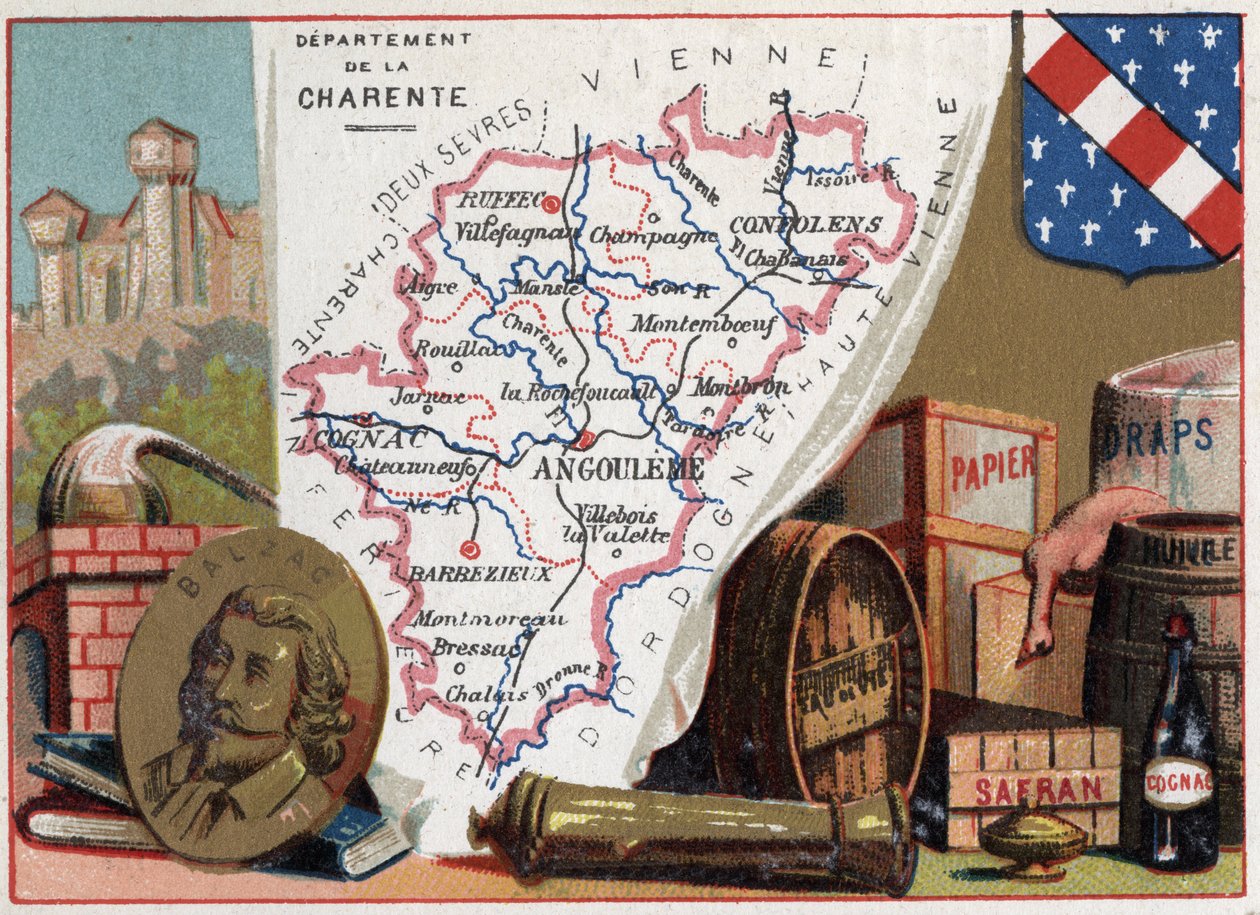 La Charente (16), Poitou-Charentes (Poitou Charentes), Fransa. Honore de Balzac (1799-1850), Fransız yazar. Yerel uzmanlık: brendi, safran, kağıt, çarşaflar, yağ, brendi. Fransız Departmanları Üzerine Diziler. Kromolitografi (Chromo) “” geogr by French School