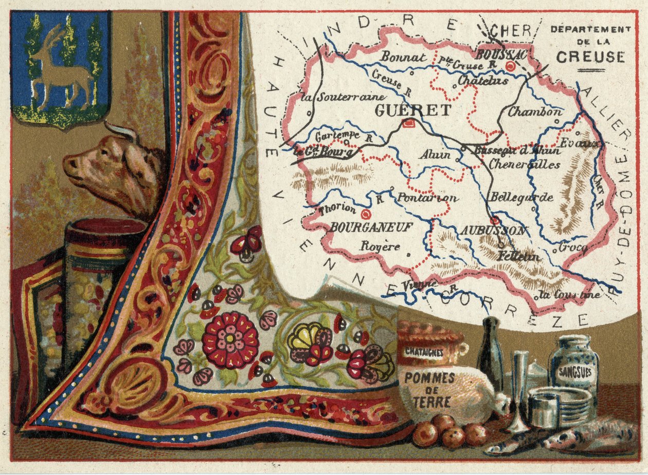 La Creuse (23), Le Limousin, Fransa. Kestane, patates ve sülükler. Fransız Departmanları Üzerine Diziler. Kromolitografi (Chromo) 1920 dolaylarında “coğrafi konu””. Özel koleksiyon. by French School