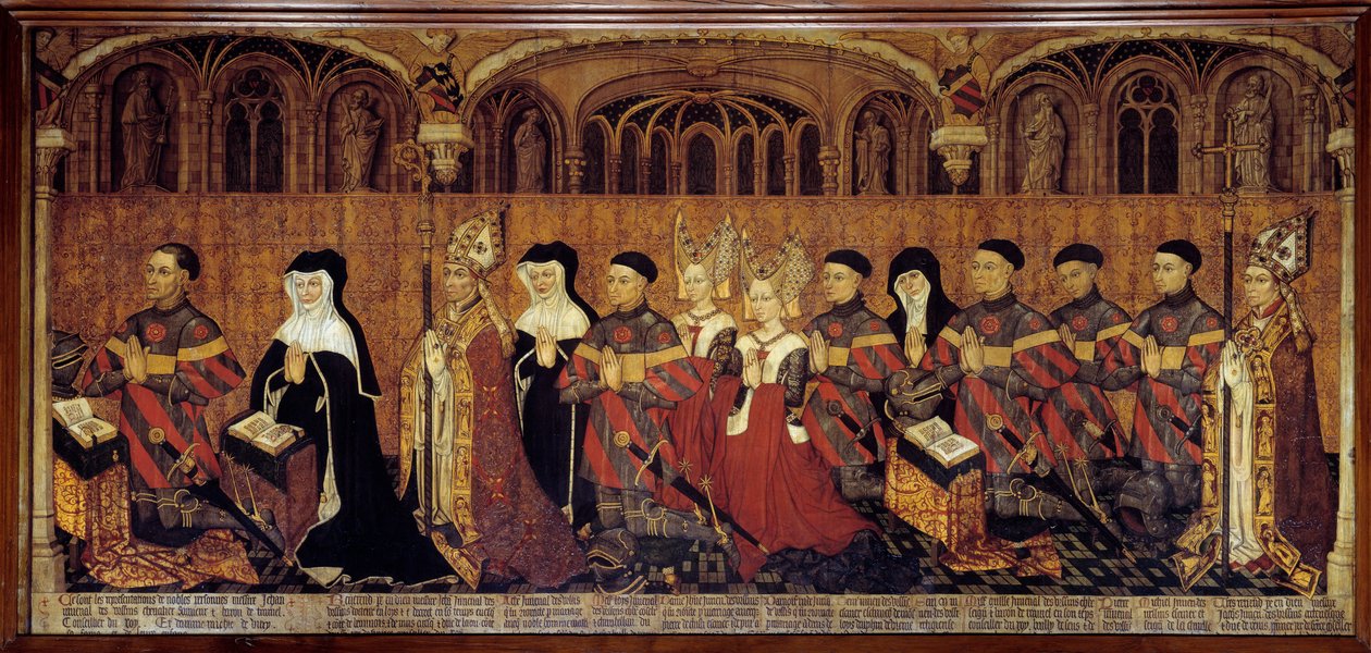La Famille Jouvenel des Ursins Yargıç, öncelikli olarak Jean Jouvenel des Ursins veya Jean Juvenal des Ursins (1360-1431), aile üyeleriyle birlikte dua eder. Fransız Okulu ahşap boyama. 1443-1449. Güneş 1,3x3,5 m Paris, ulusal t müzesi by French School