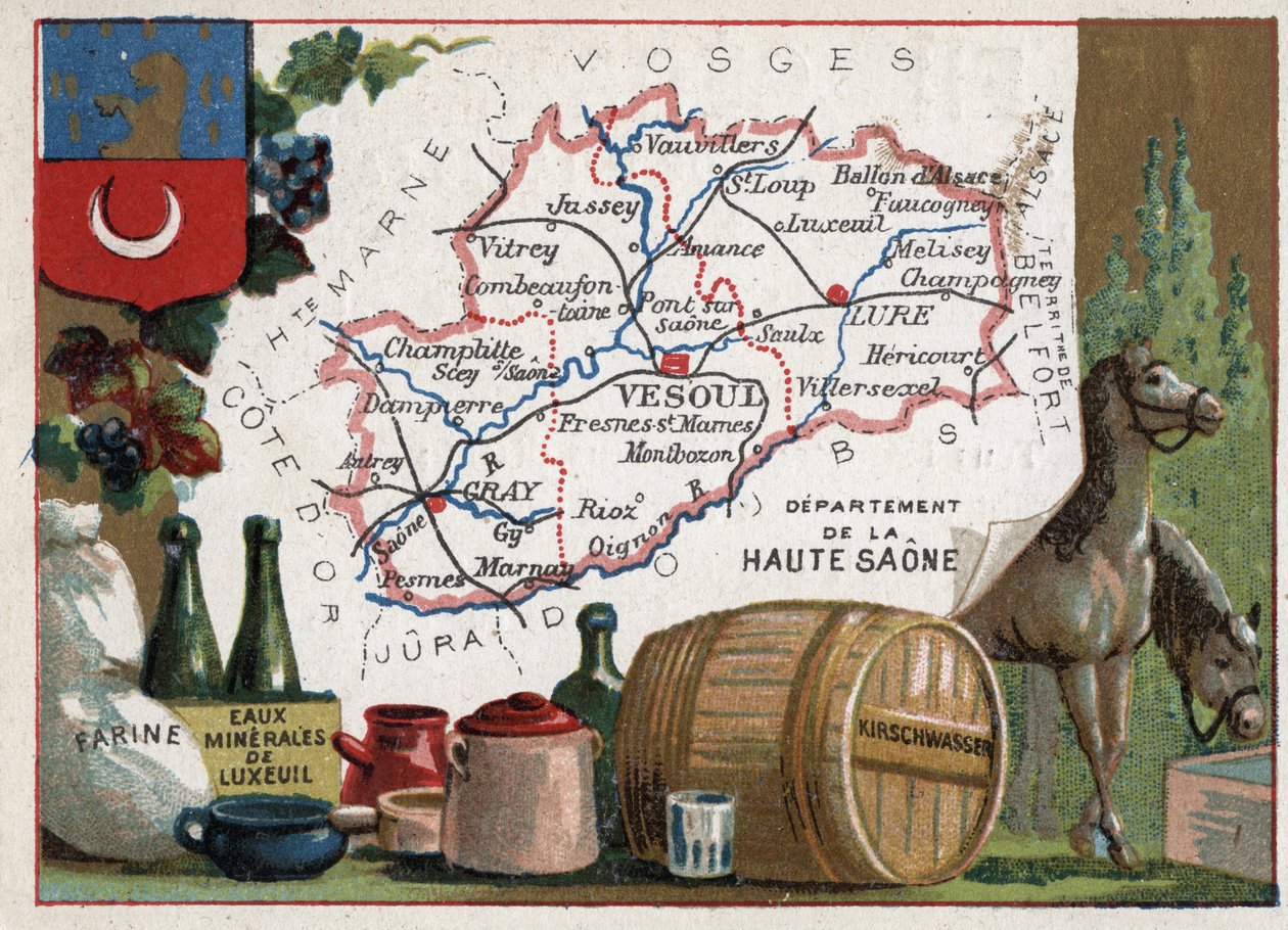 Haute-Saone (Haute Saone, 70), Franche Comte (Franche-Comte), Fransa. Un, Luxeuil Minerales, kirschwasser (kirsch). Fransız Departmanları Üzerine Diziler. Kromolitografi (Chromo) 1920 dolaylarında “coğrafi konu””. Özel koleksiyon. by French School