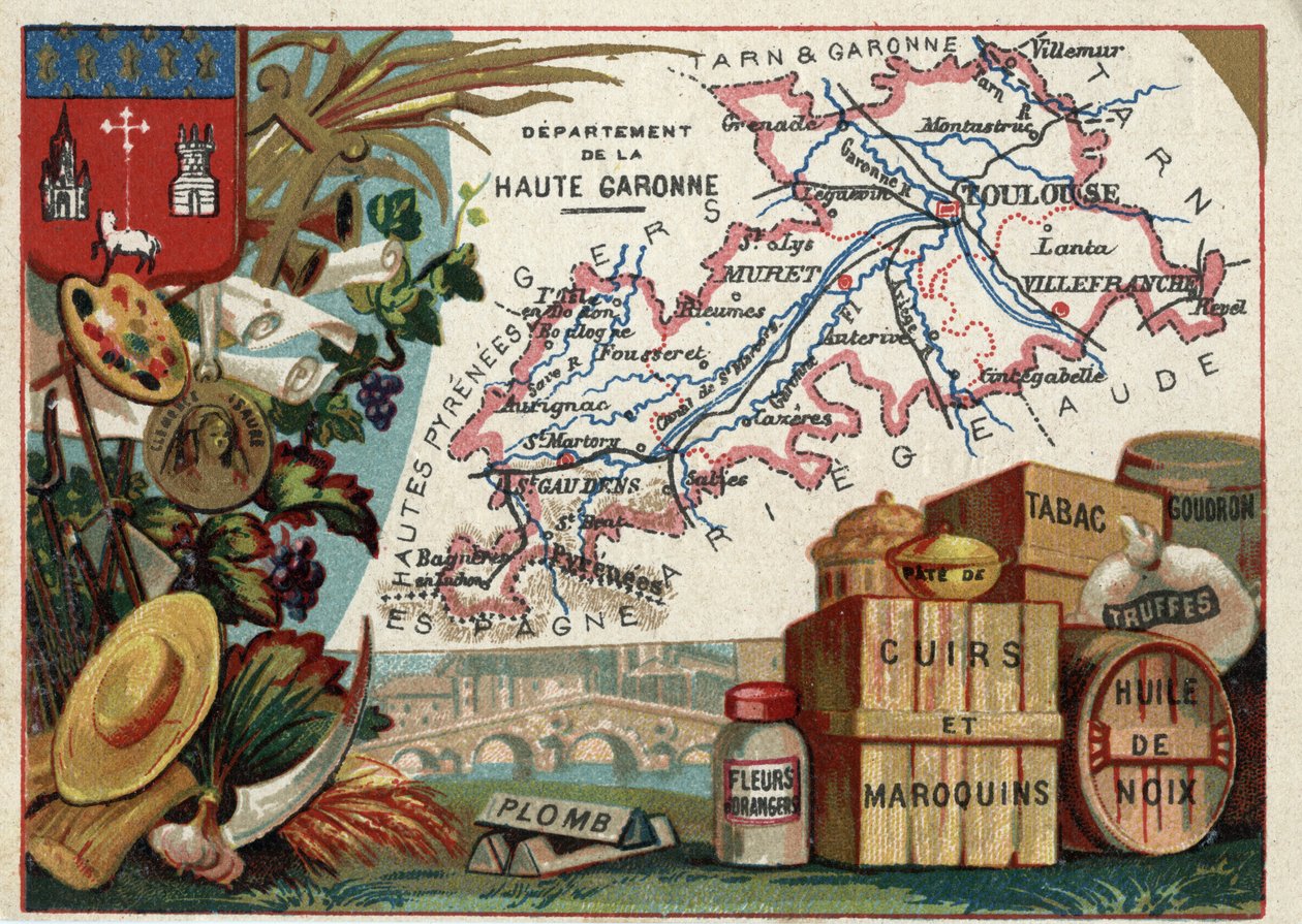 La Haute Garonne (Haute-Garonne, 31), Midi-Pyrenees (Midi Pyrenees), Fransa. Yerel uzmanlık: kurşun, portakal çiçekleri, hamur, deri ve deri ürünler, tütün, ceviz yağı, katran ve yer mantarı. Fransız Departmanları Üzerine Diziler. Kromolitografi (Krom) “”  by French School