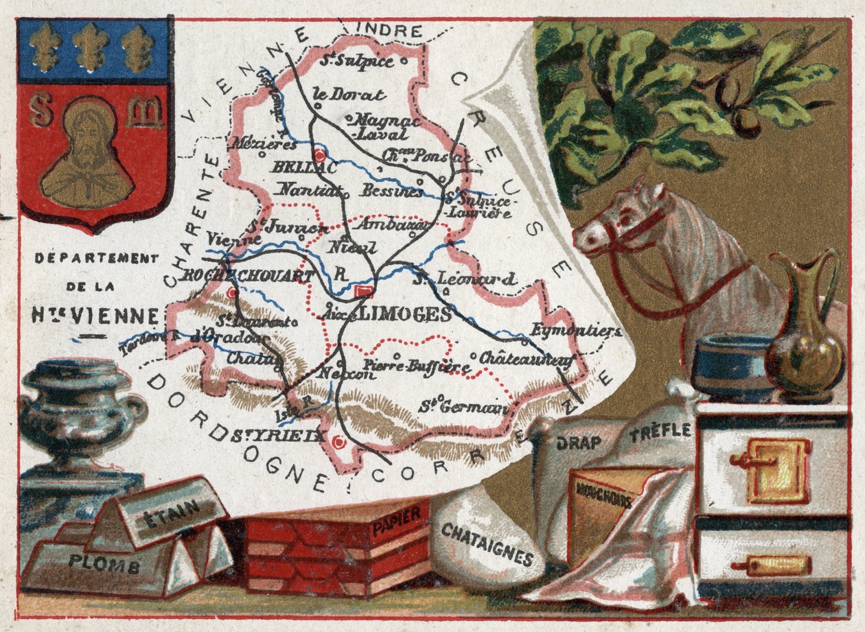 La Haute Vienne (Haute-Vienne, 87), Limuzin, Fransa. Kalay, kurşun, kestane kağıdı, çarşaf, yonca ve mendiller. Fransız Departmanları Üzerine Diziler. Kromolitografi (Chromo) 1920 dolaylarında “coğrafi konu””. Özel koleksiyon. by French School