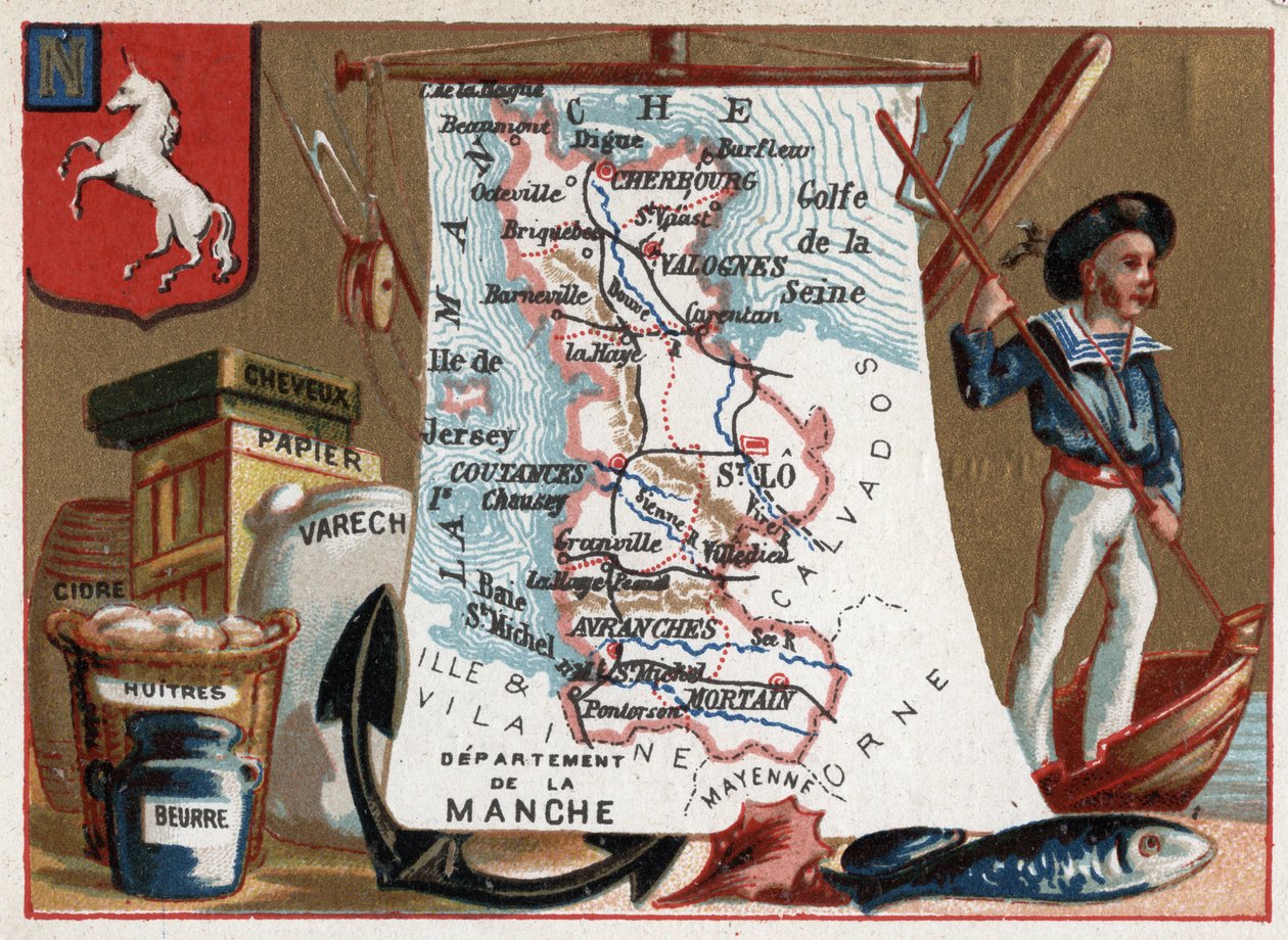 La Manche (50), Basse Normandiya (Basse-Normandie), Fransa. Yerel spesiyalite: şeftali ve istiridye, elma şarabı ve kağıt. Fransız Departmanları Üzerine Diziler. Kromolitografi (Chromo) 1920 dolaylarında “coğrafi konu””. Özel koleksiyon. by French School