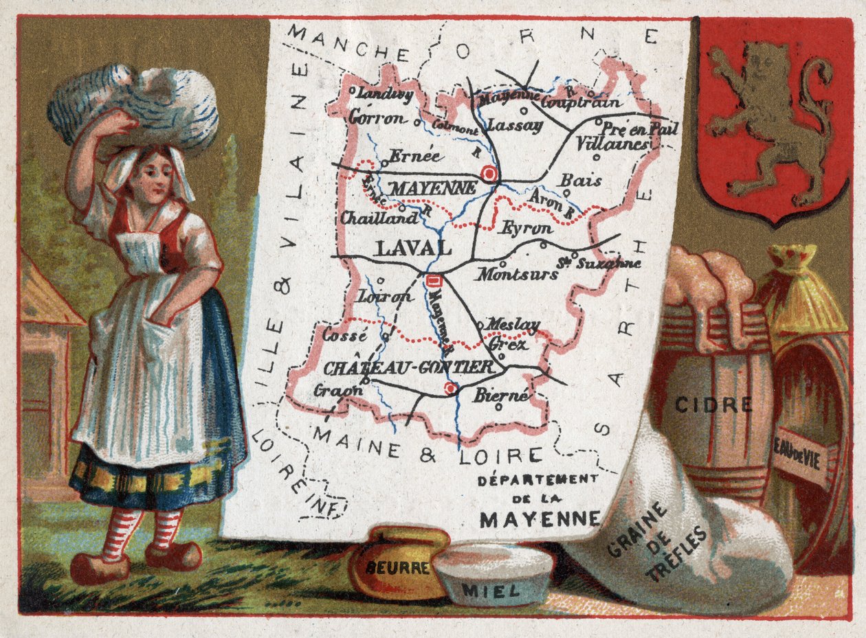 La Mayenne (53), Pays de la Loire, Fransa. Köylü, tereyağı, bal, trüf tohumu, elma şarabı ve brendi. Fransız Departmanları Üzerine Diziler. Kromolitografi (Chromo) 1920 dolaylarında “coğrafi konu””. Özel koleksiyon. by French School