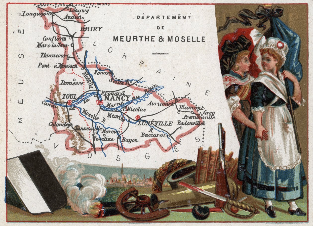 La Meurthe et Moselle (Meurthe-Et-Moselle, 54), Lorraine, Fransa. İki devrimci kadının portresi. Fransız Departmanları Üzerine Diziler. Kromolitografi (Chromo) 1920 dolaylarında “coğrafi konu””. Özel koleksiyon. by French School