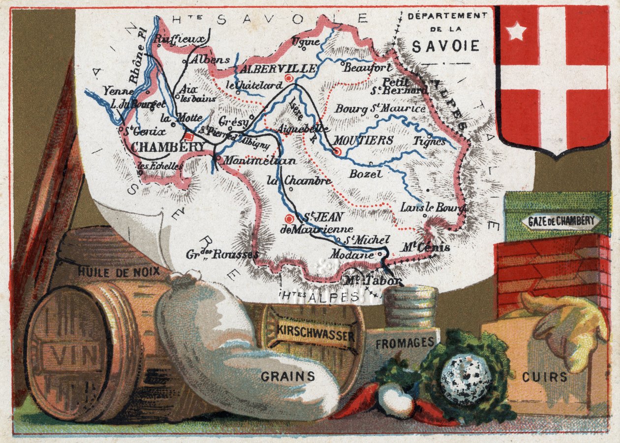 La Savoie (73), Rhone Alpes (Rhone-Alpes), Fransa. Fransız Departmanları Üzerine Diziler. Yerel spesiyaliteler: ceviz yağı, şarap, tahıllar, kirschwasser (kirsch), peynir, gazlı bez ve deri. Kromolitografi (Chromo) 1920 dolaylarında “coğrafi konu””. P by French School