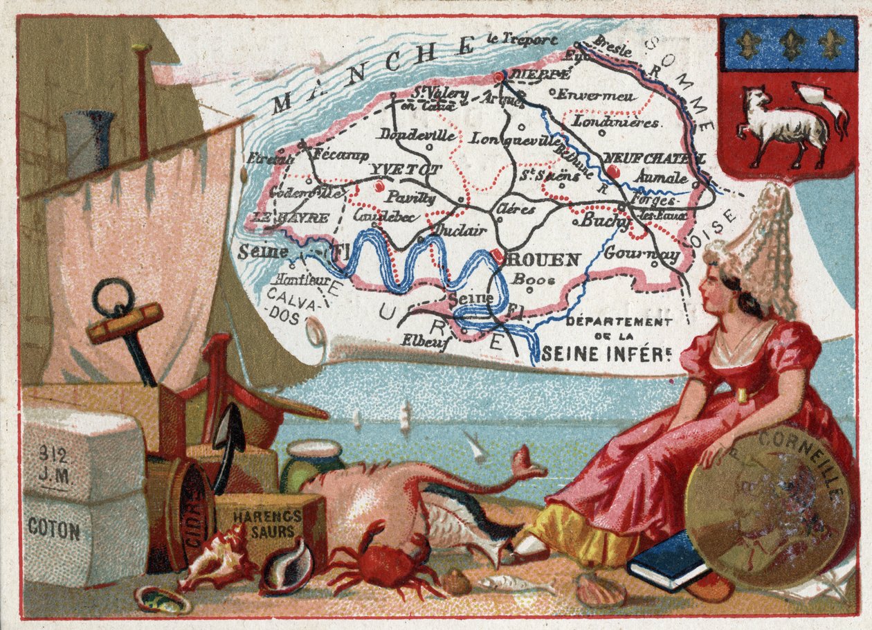 La Seine Inferieure, şimdi Seine Maritime (76), Haute Normandy (Haute-Normandie), Fransa. Yerel spesiyaliteler: pamuk, elma şarabı, saur ringa balığı. Pierre Corneille (1606-1684), Fransız oyun yazarı portresi. Fransız Departmanları Üzerine Diziler. Kromol by French School