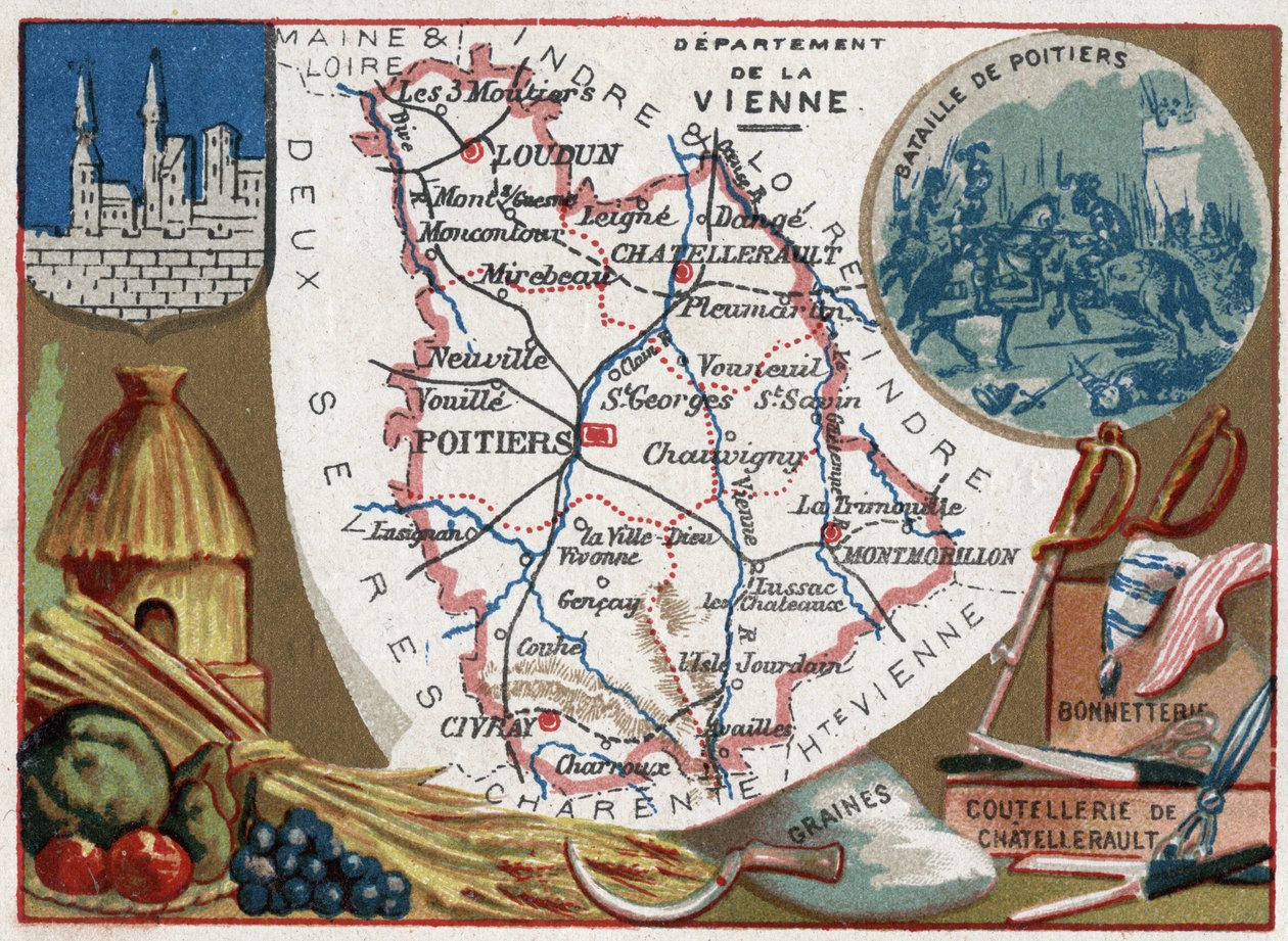 La Vienne (86), Poitou-Charentes (Poitou Charentes), Fransa. Tohumlar, Chatellerault çatal bıçak takımı ve çoraplar. Fransız Departmanları Üzerine Diziler. Kromolitografi (Chromo) 1920 dolaylarında “coğrafi konu””. Özel koleksiyon. by French School