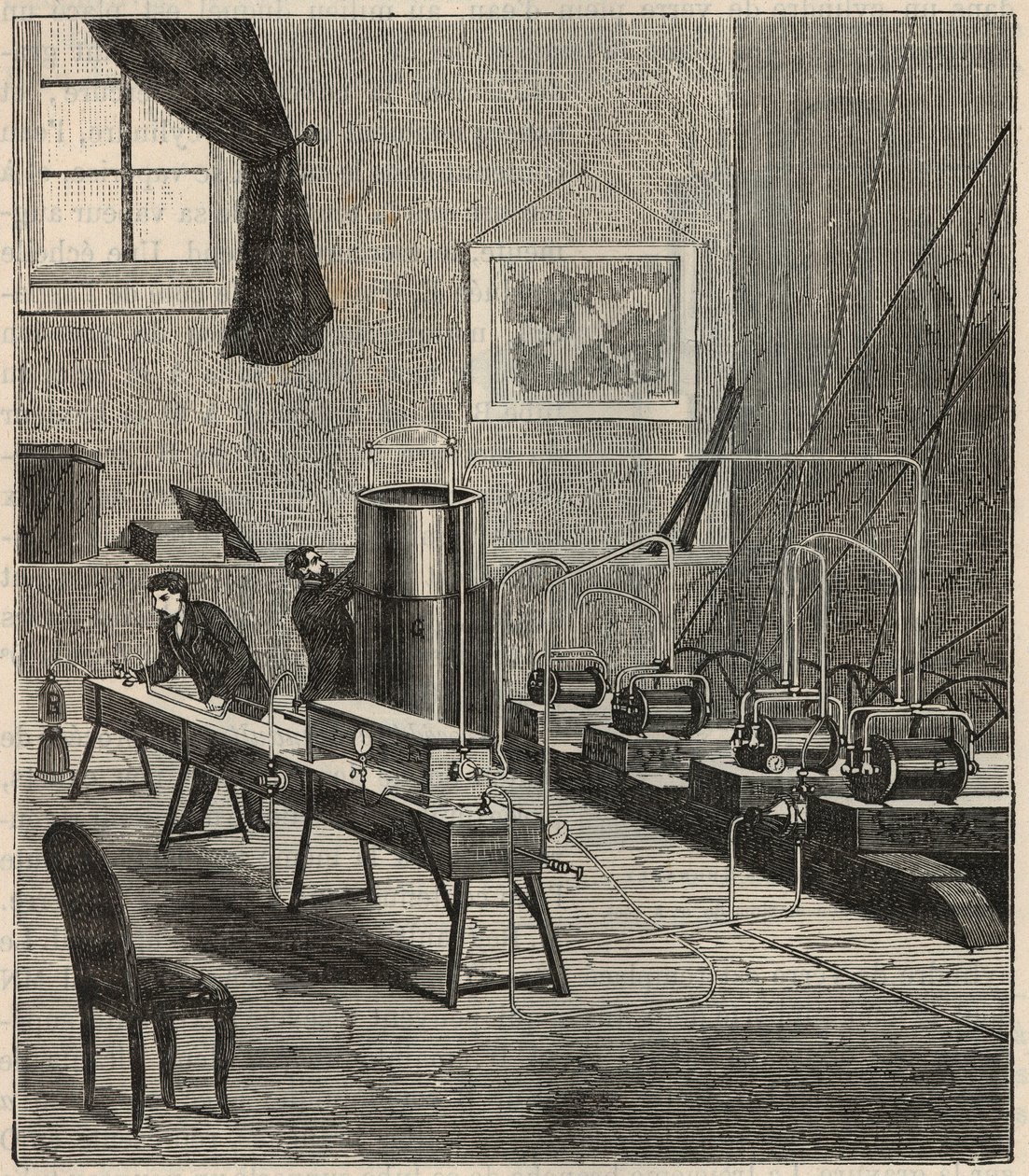 La liquefection des gaz dans le labatoire de Raoul Pictet (1878) - Raoul Pierre Pictet (1846-1929) İsviçreli fizikçi, hidrojen gazını sıvılaştırmak ve katılaştırmak için bir deney yapıyor ve düşük sıcaklıklarda maddelerin özelliklerini inceliyor - "Scie