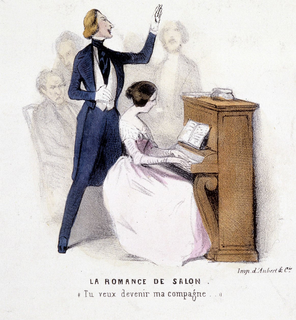 The Salon Romance: Bir Kadının Piyanoda Şarkı Söyleyen Erkek Eşliği, Lonsay, c. 1845. by French School