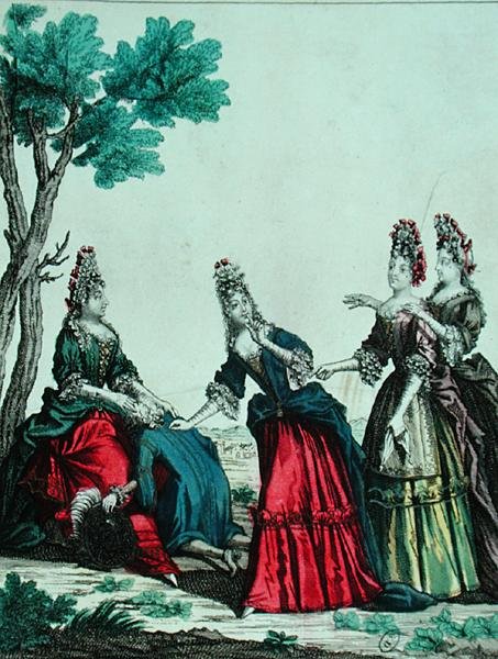 Bir beyefendi ile tahmin oyunu oynayan bayanlar, 17. yüzyılın 2. yarısı (renkli gravür) by French School