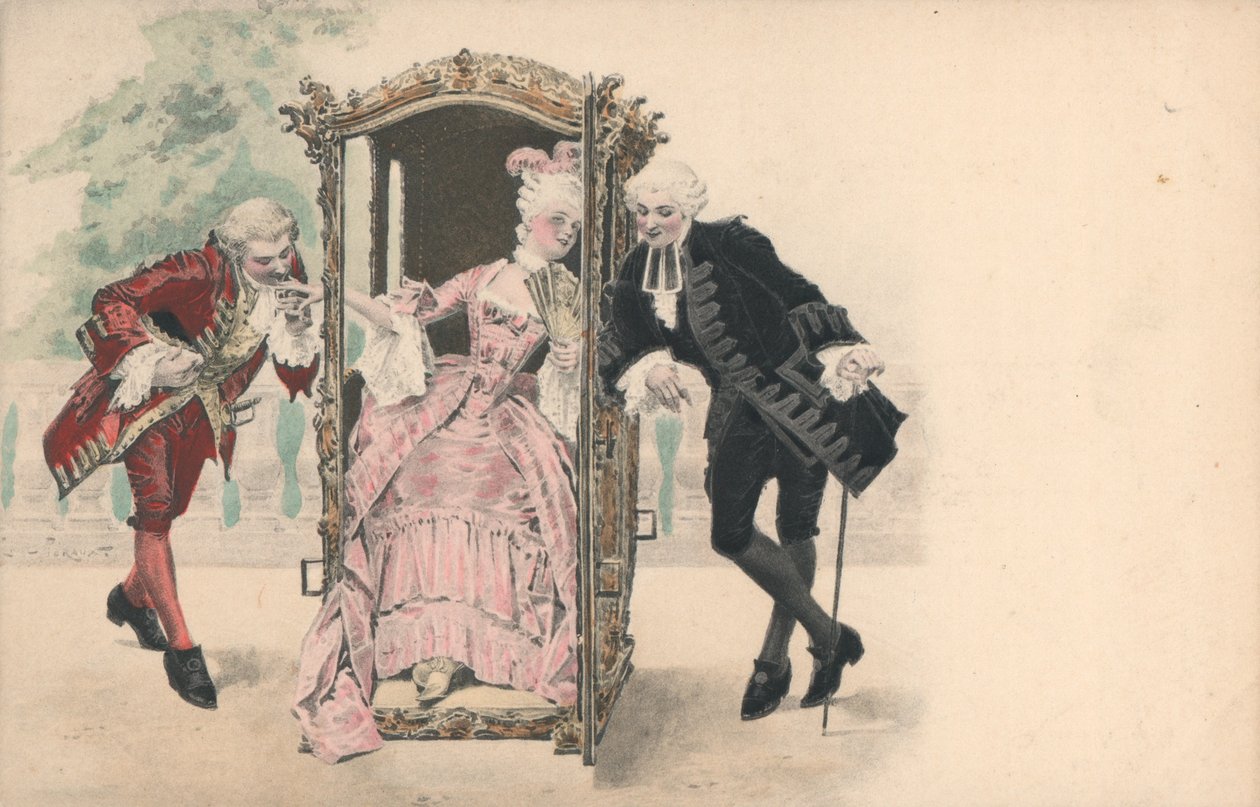 Sedan sandalyede oturan kadın, yanında erkek hayranları (kromolito) by French School