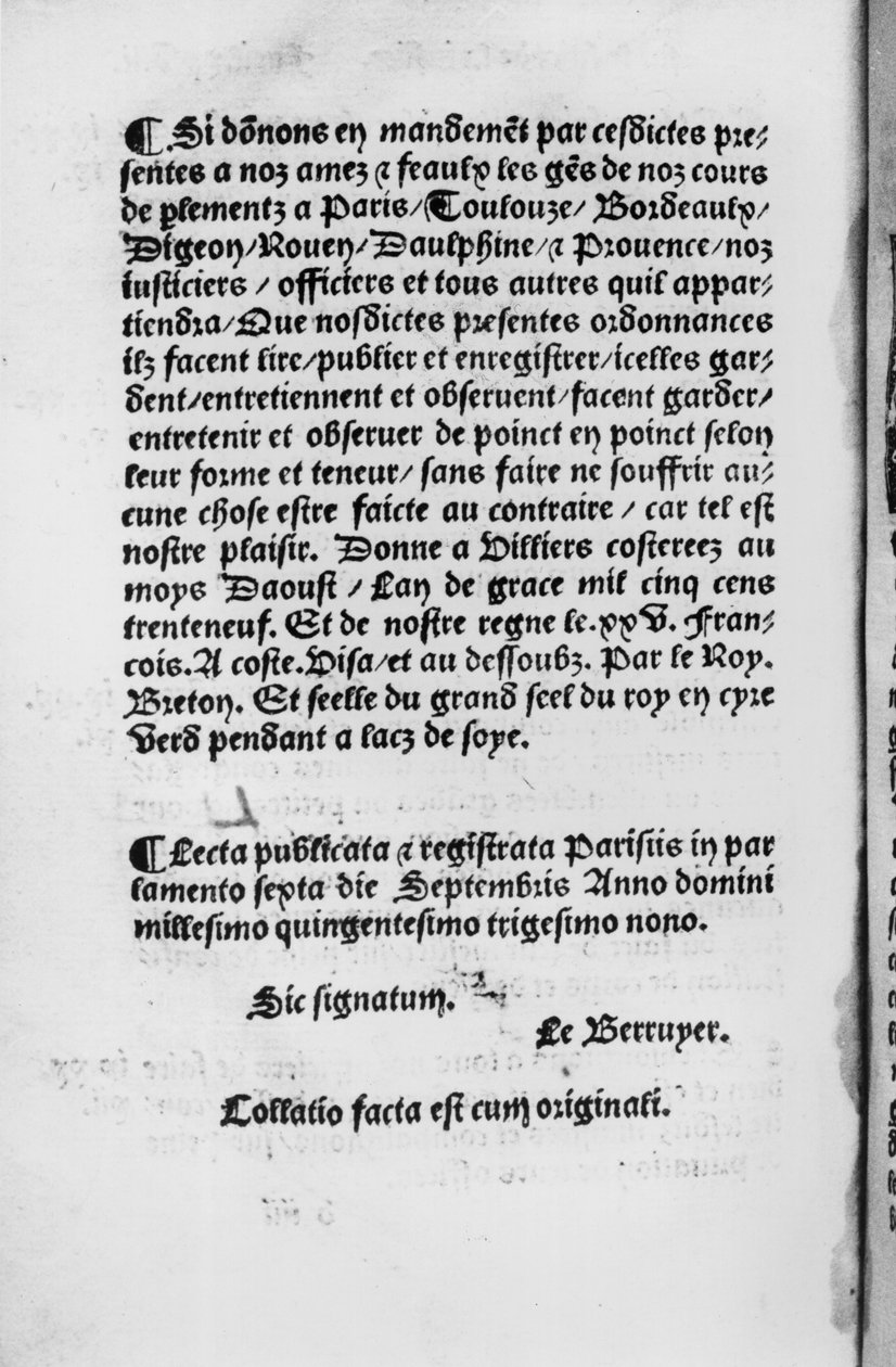 Villers-Cotterets Yönetmeliğinin son sayfası, 1539 (basılı kağıt) by French School
