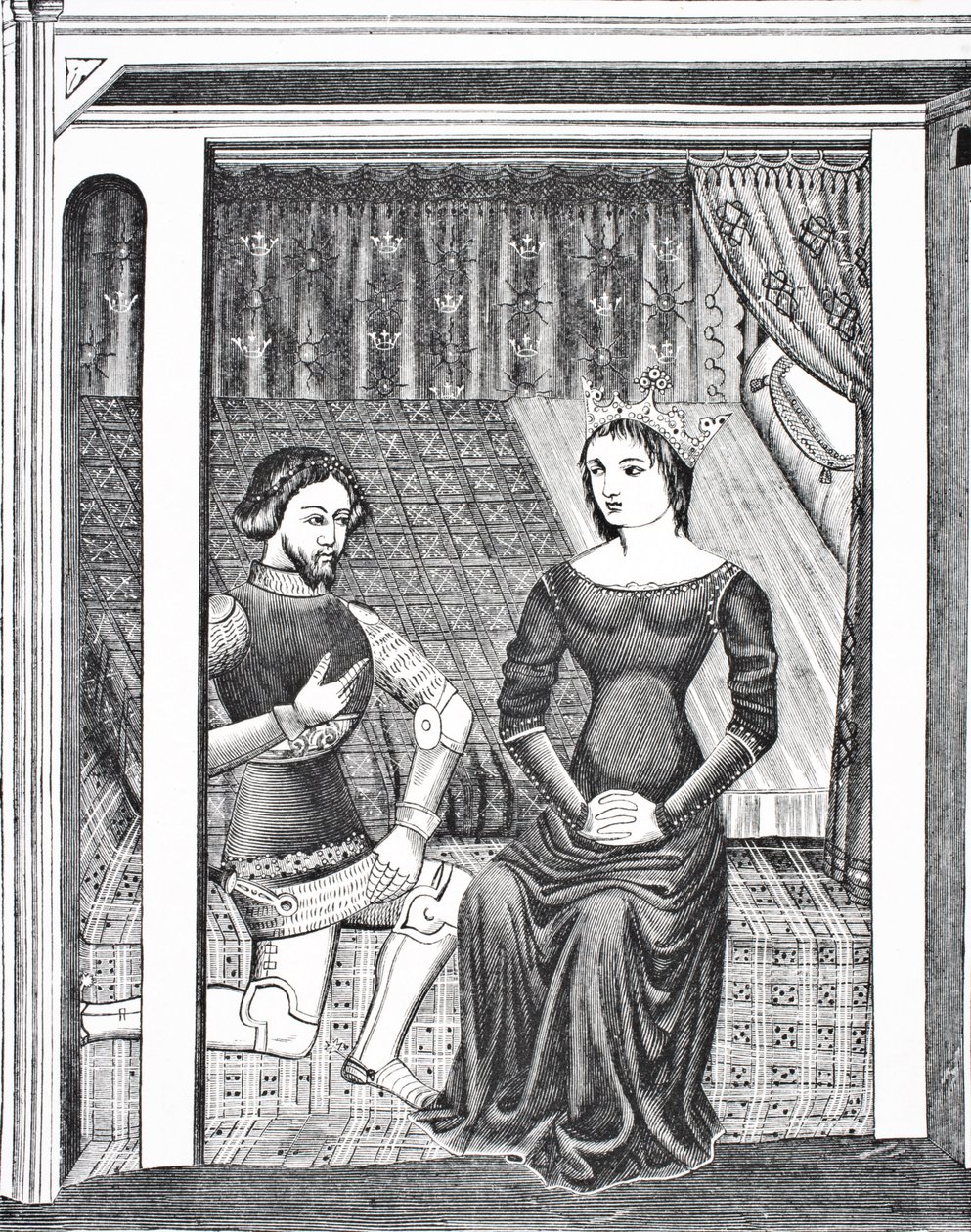 Launcelot ve Guinevere, 14. yüzyıla ait bir el yazmasından bir minyatürden sonra, Paul Lacroix pub tarafından Orta Çağda Bilim ve Edebiyat'tan. Londra 1878 by French School