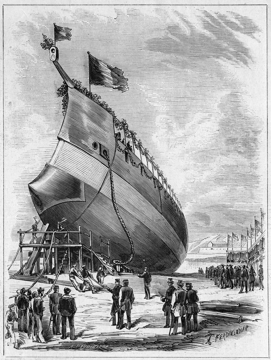 “La Galissonniere” zırh gemisinin denize indirilmesi, 7 Mayıs 1872, Finistere, Brest limanında (29). 25 Mayıs 1872 tarihli “Le Monde Illustré” n°789